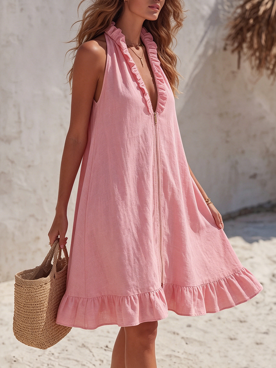Effortless Elegance - Ruffled Zip-front Cotton-linen Dress