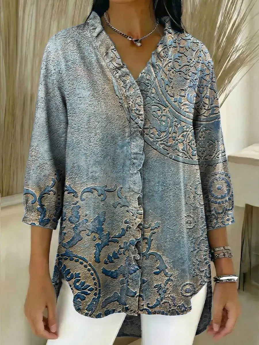 Women's Retro Floral Art Print Casual Ruffled 3/4 Sleeve Denim Shirt