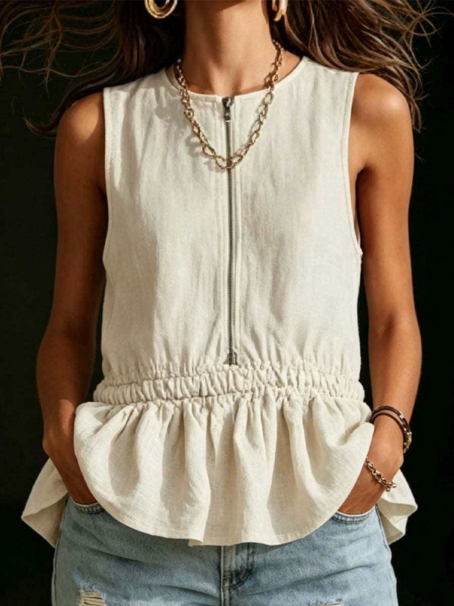 Women's Vintage Ruffled Sleeveless Cotton-Linen Tank Top