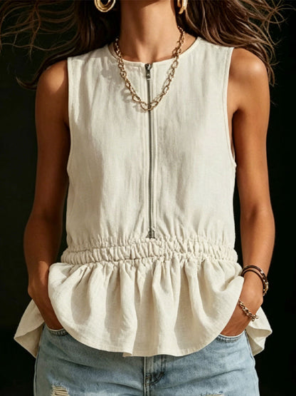 Women's Vintage Ruffled Sleeveless Cotton-Linen Tank Top