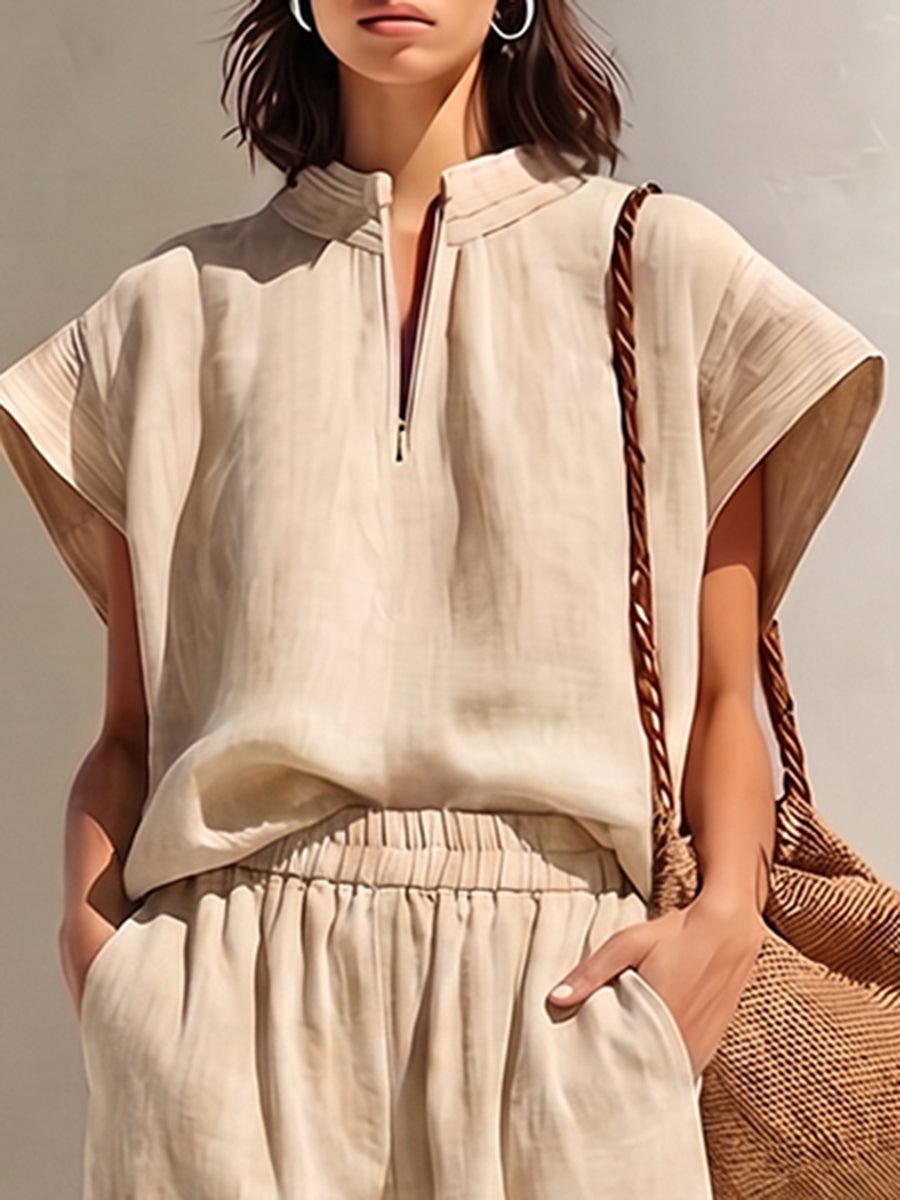 Minimalist Stand-collar Zip-up Top & Wide-leg Pants Two-piece Set