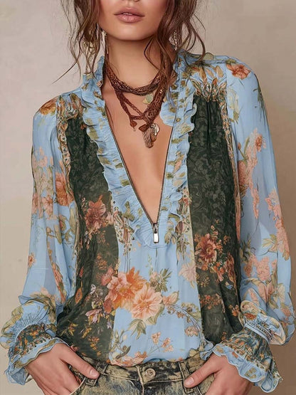 Women's Vintage-print V-neck Long-sleeve Casual Loose Chiffon Top