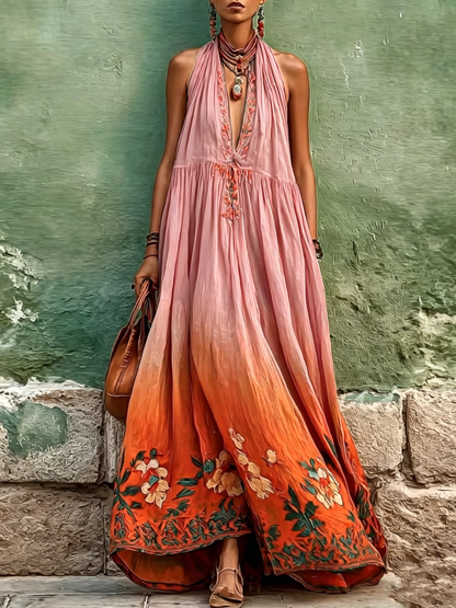 Ombre Tie-dye Halter Neck Embroidered Linen-cotton Maxi Dress