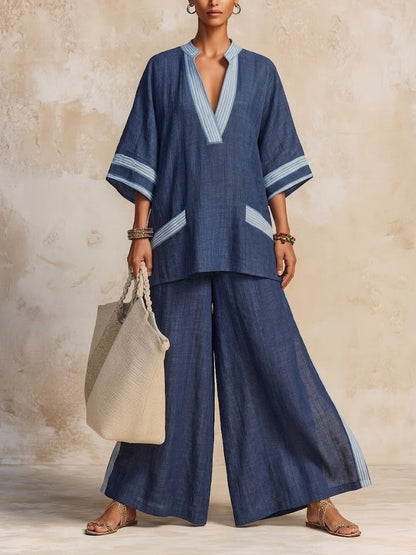 Women's Dark Blue Striped Patchwork Cotton-linen Casual Set