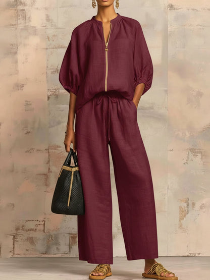 Stylish Cozy Shirt &amp; Wide-Leg Pants Linen Cotton Two-Piece Set