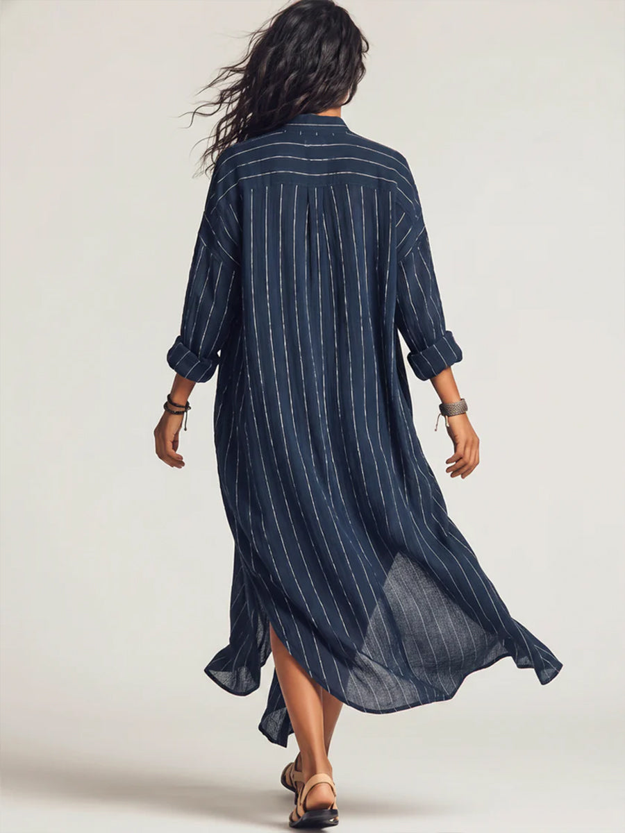 Loose-fit Casual Striped Linen-cotton Shirt Dress