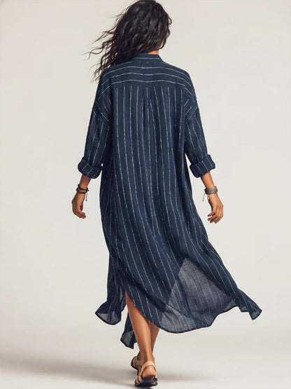 Loose-fit Casual Striped Linen-cotton Shirt Dress