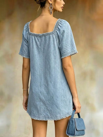 Casual Square-neck Frayed-hem Denim Mini Dress