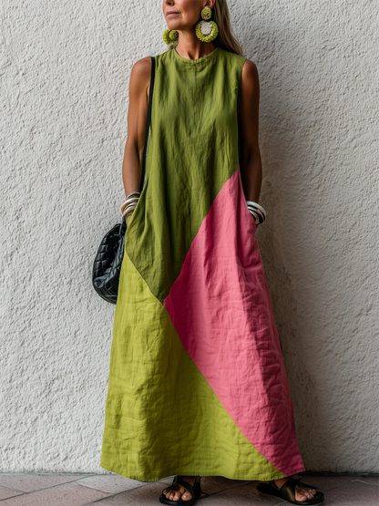 Stylish Casual Color-block Sleeveless Cotton Dress