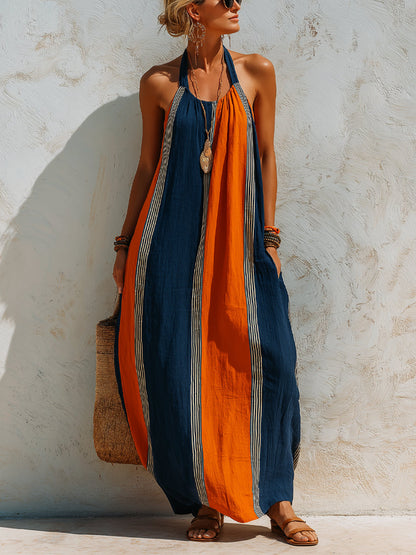 Color-blocked Vertical Stripe Halter Neck Loose Swing Dress