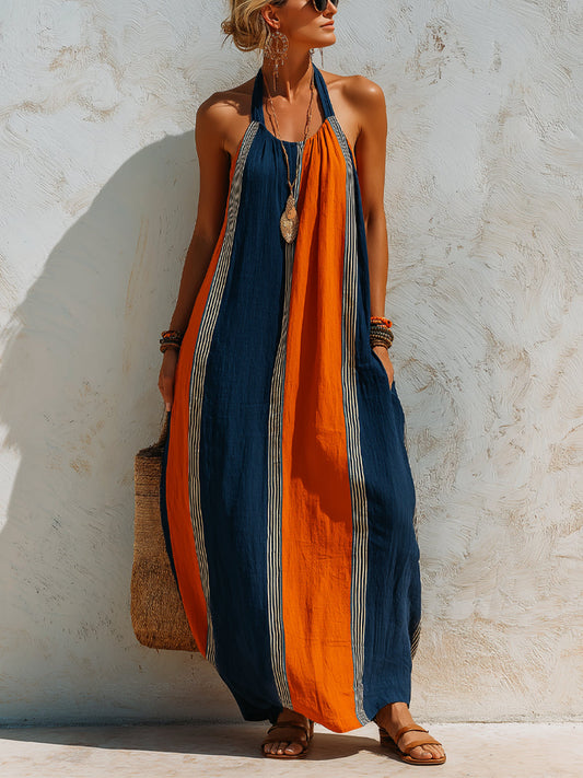 Color-blocked Vertical Stripe Halter Neck Loose Swing Dress