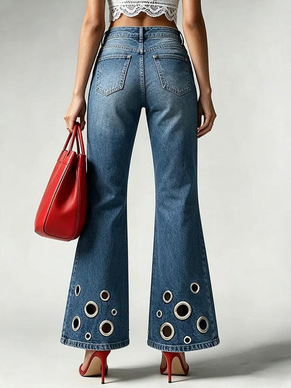 High-waisted Flared Jeans With Metal Ring Detail
