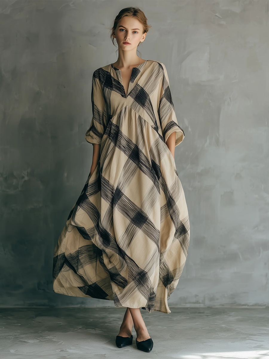 Artistic Brushstroke Print Loose Cotton-linen Dress