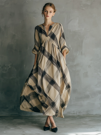 Artistic Brushstroke Print Loose Cotton-linen Dress