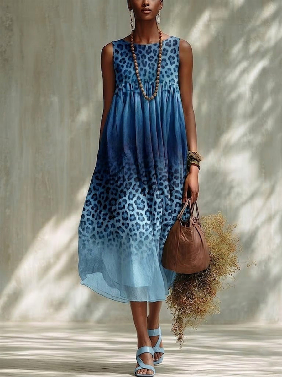Sleeveless, Gathered, Midi-length Cotton-linen Dress With A Gradient Leopard Print.
