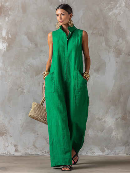 Minimalist & Elegant Stand-collar Sleeveless Cotton-linen Wide-leg Jumpsuit