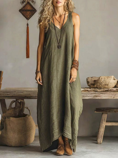 Women's Solid Color Art Casual Cotton Linen Dress
