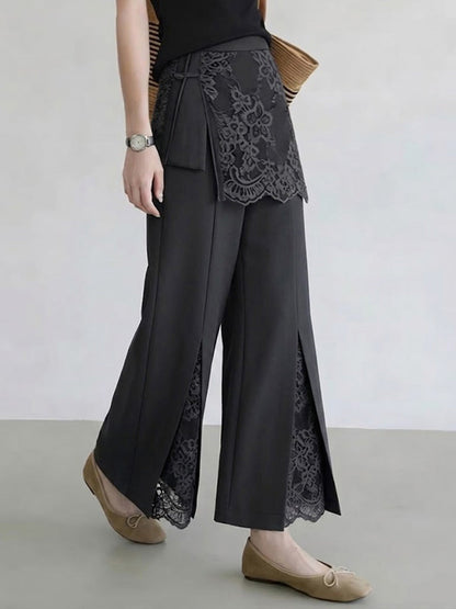 Women's Solid-color High-waisted Wide-leg Pants With Lace Splicing
