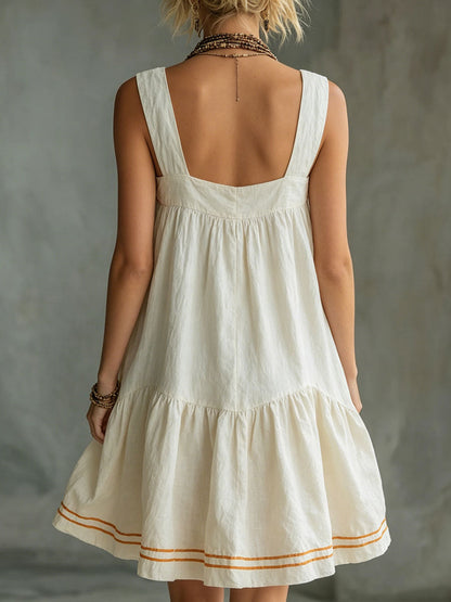 Women's Retro-casual Embossed Off-white Cotton-linen Mini Skirt