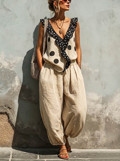 Women's Polka Dot Print V-neck Sleeveless Loose-fit Cotton-linen Top & Elastic-waist Wide-leg Pants Set
