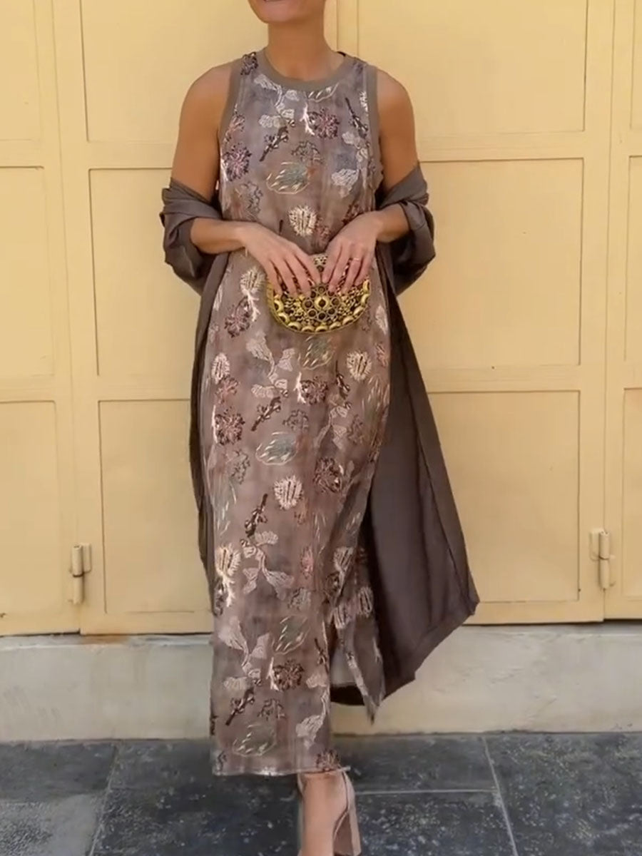 Women's Two-piece Set: Retro Botanical Print Sleeveless Cotton-linen Dress And Loose-fit Jacket