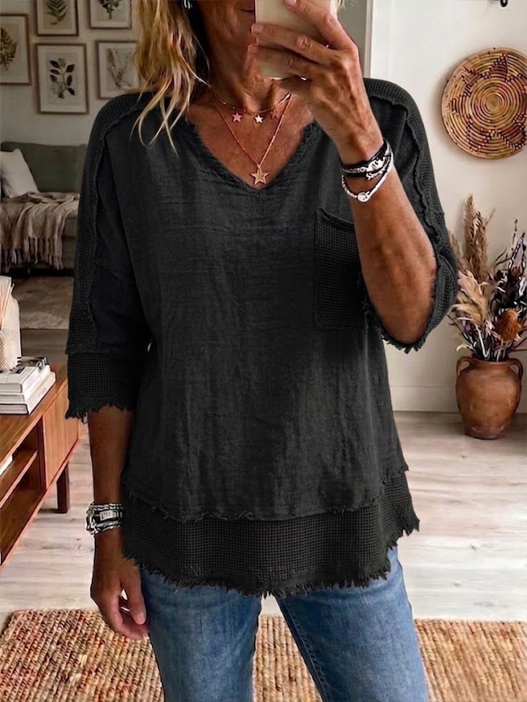 Casual Color-block Plaid Linen-blend Top