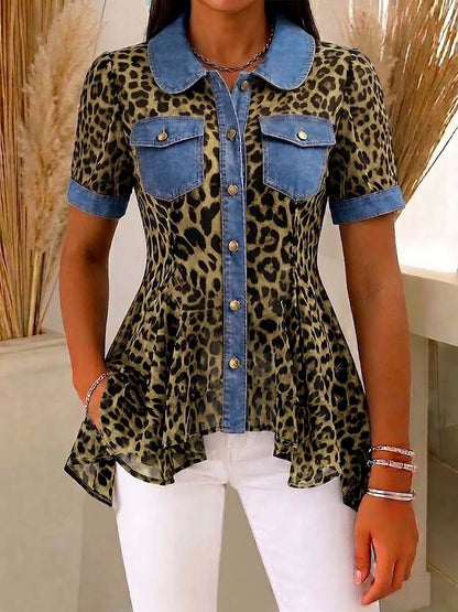 Women's Leopard Print Peter Pan Collar Short-sleeve Casual Loose Denim Cardigan With Chiffon Panels