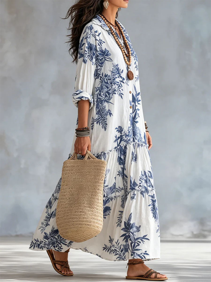 Retro Boho Blue Floral Print Cotton Dress