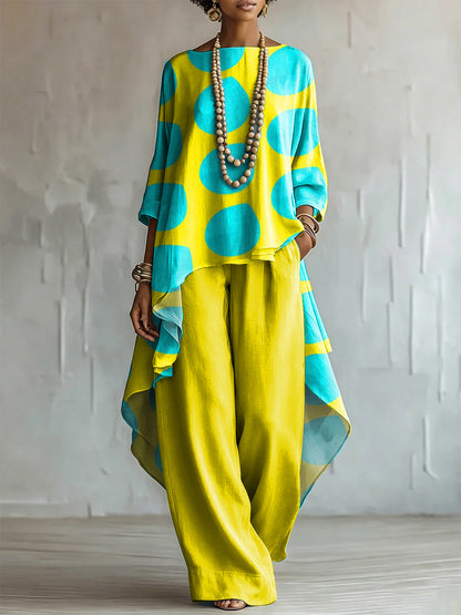Elegant & Artistic Color-block Polka Dot Two-piece Set