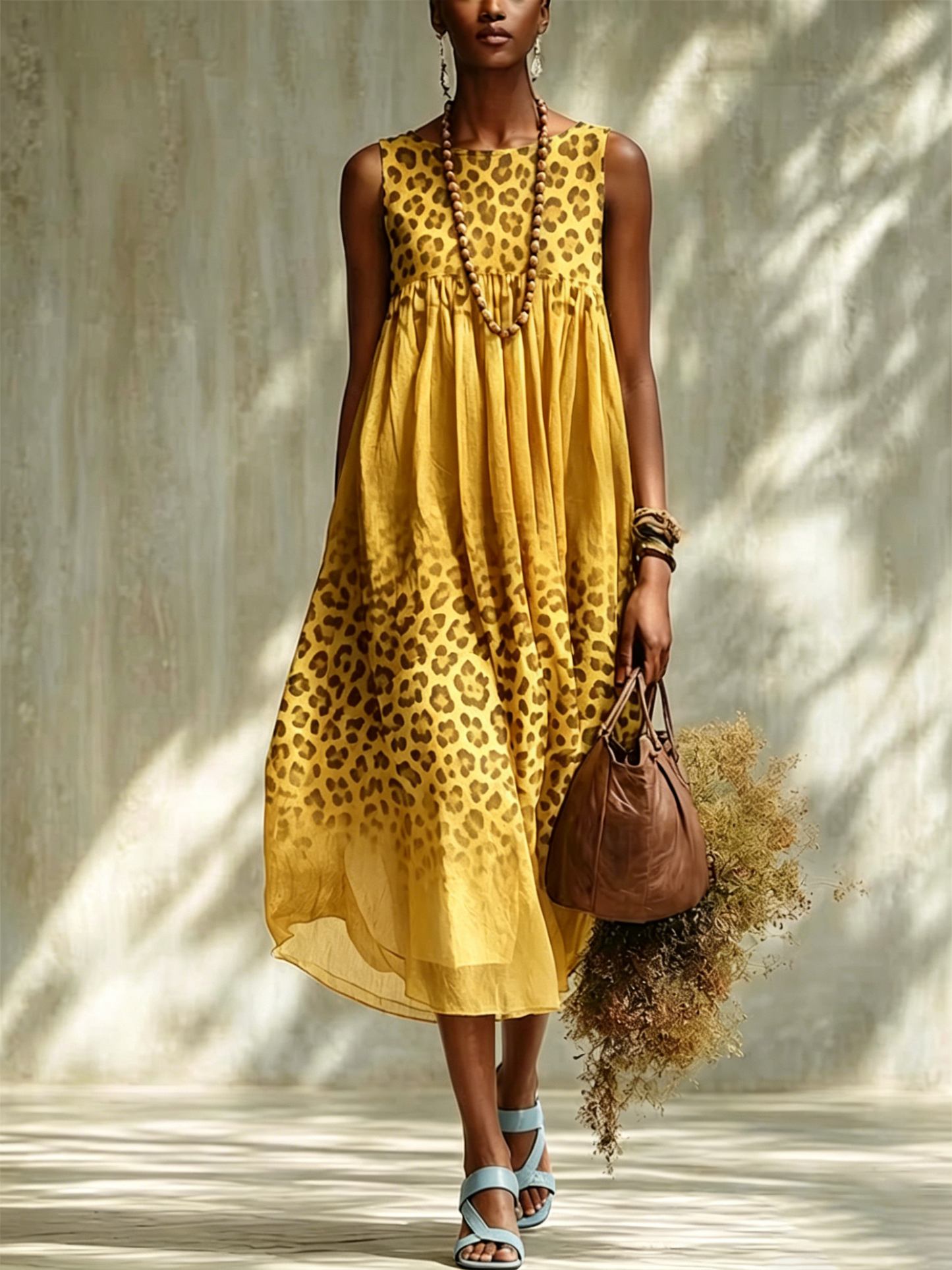 Sleeveless, Gathered, Midi-length Cotton-linen Dress With A Gradient Leopard Print.