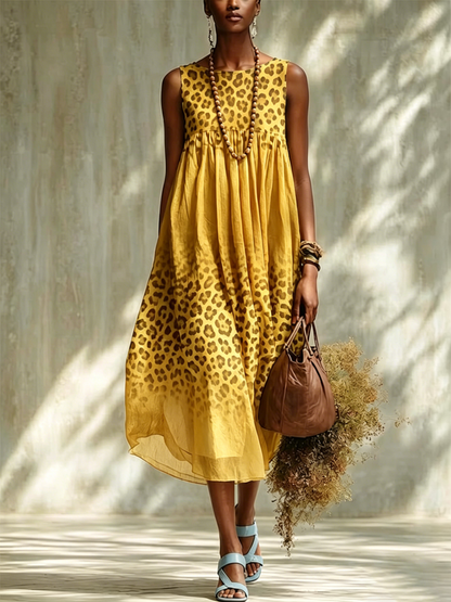 Sleeveless, Gathered, Midi-length Cotton-linen Dress With A Gradient Leopard Print.