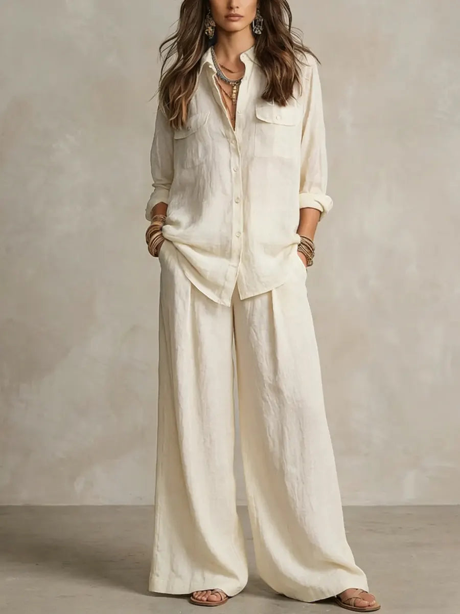 Women's Casual Cotton And Linen Wide-leg Pants Set