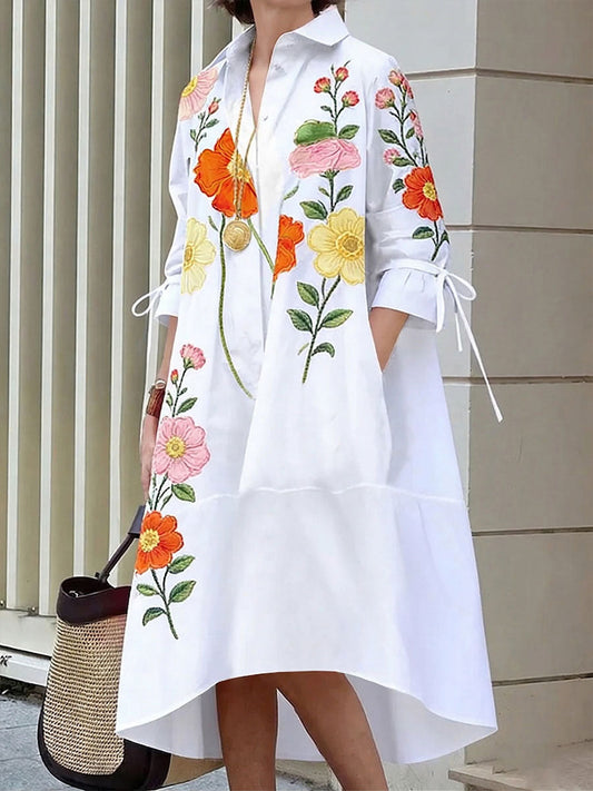 Women's Casual Loose Cotton-linen Dress With Shirt Collar 3/4 Sleeves And Placement Print