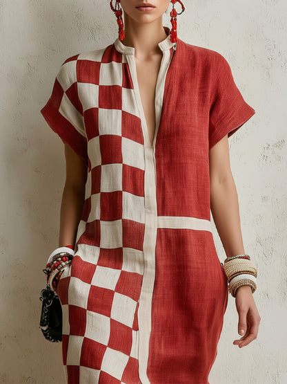 Color-block Checkerboard Patchwork Short-sleeve Shirt Dress With Stand Collar And Button-front