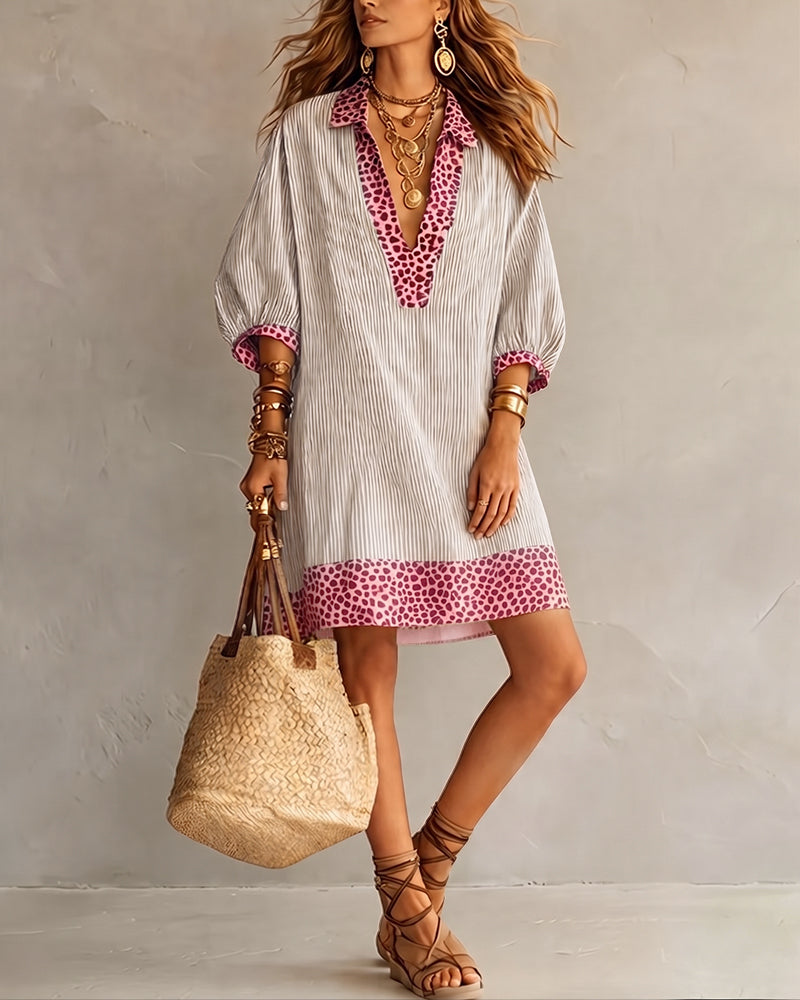 Women's Retro Striped & Leopard Print Casual Cotton Dress