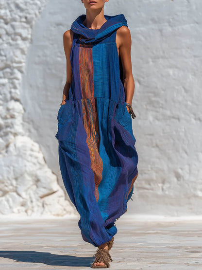Women's Abstract Print Cowl-neck Sleeveless Casual Loose-fit Hooded Dress