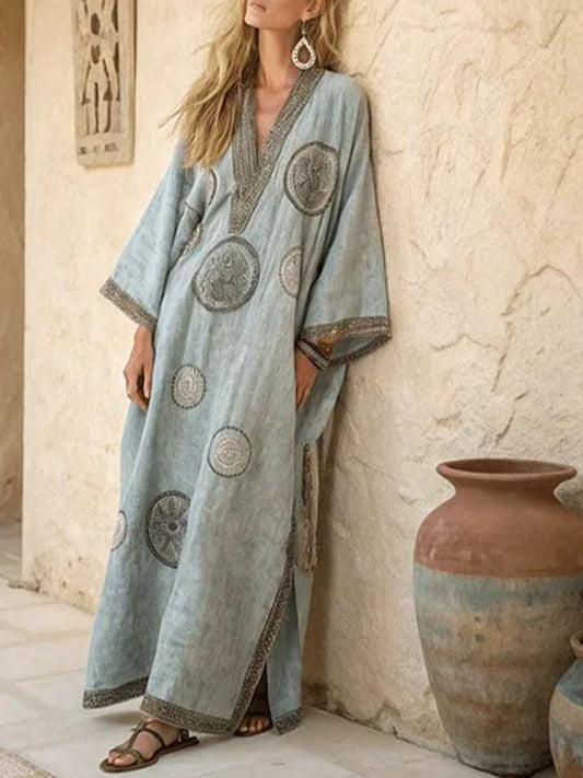 Women's Vintage-print V-neck 3/4-sleeve Casual Loose Cotton-linen Dress