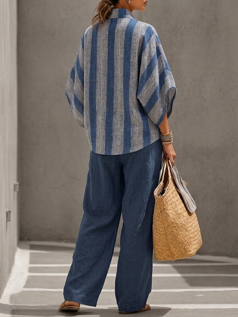 Casual Striped Linen-cotton Top And Solid-color Trousers Two-piece Set