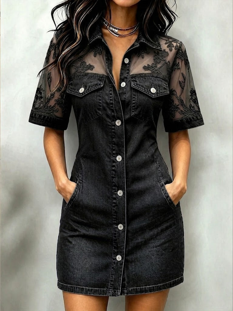 Stylish Casual Spliced lace Denim Mini Dress