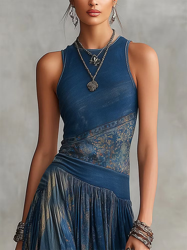 Tie-dye Print Sleeveless Crew Neck Cinched Waist Swing Dress