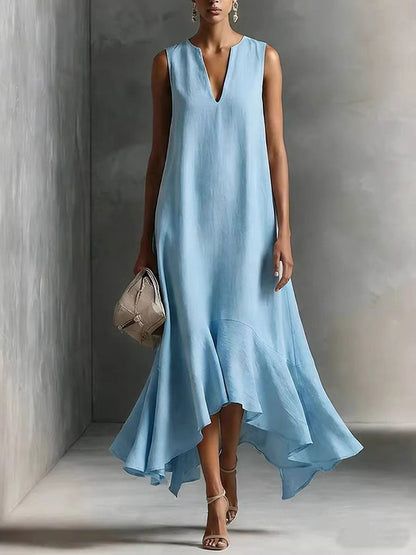 Women's Cotton-linen Deep V-neck And Asymmetrical Hem Elegant Slimming Sleeveless Dress