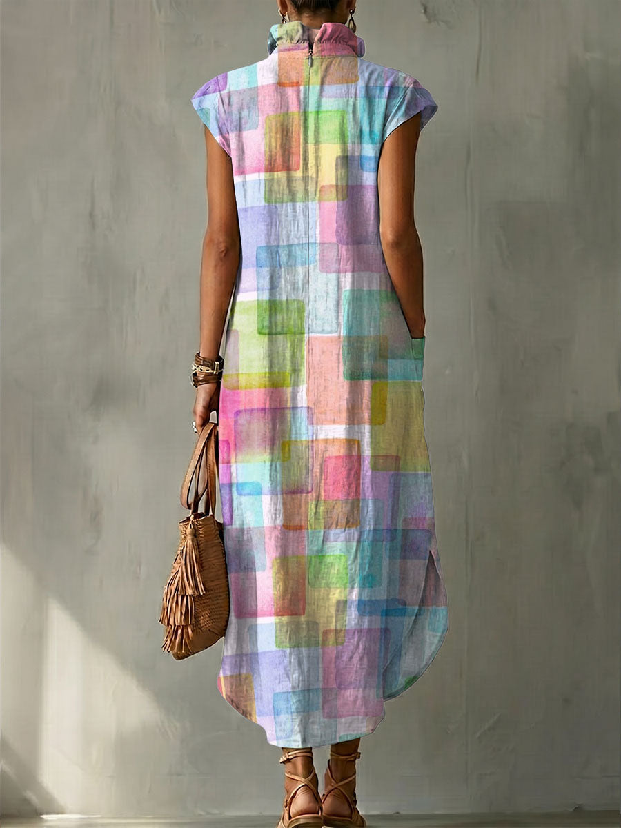 Fun Colorful Geometric Square Decorative Pattern Women‘s Bud Collar Cotton Linen Dress