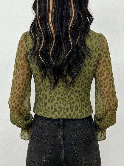Stylish And Elegant Leopard Print Ruffle-collar Blouse