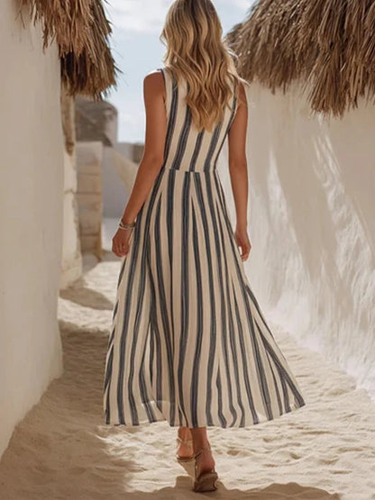 Women's Retro Striped Casual V-neck Maxi Dress