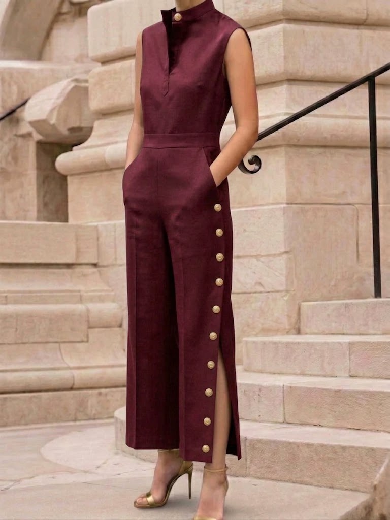 Stylish And Elegant Linen-cotton Jumpsuit With Side Buttons