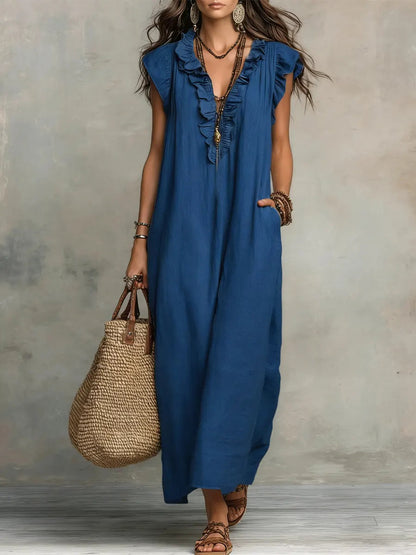 Women's Solid Color Ruffled Art Casual Fashion Cozy Cotton Linen Dress