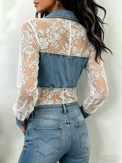 Stylish & Sexy Spliced denim And Lace Shirt