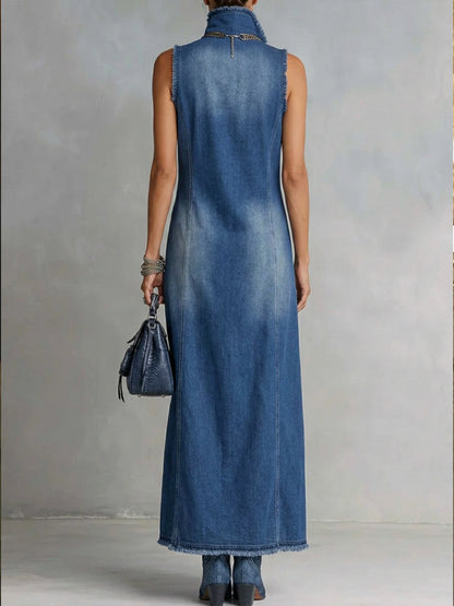 Casual Sleeveless Denim Dress With Slit