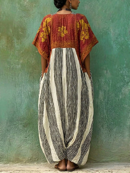 Women's Retro Floral Striped Pattern Art Print Casual Cotton Linen Dress