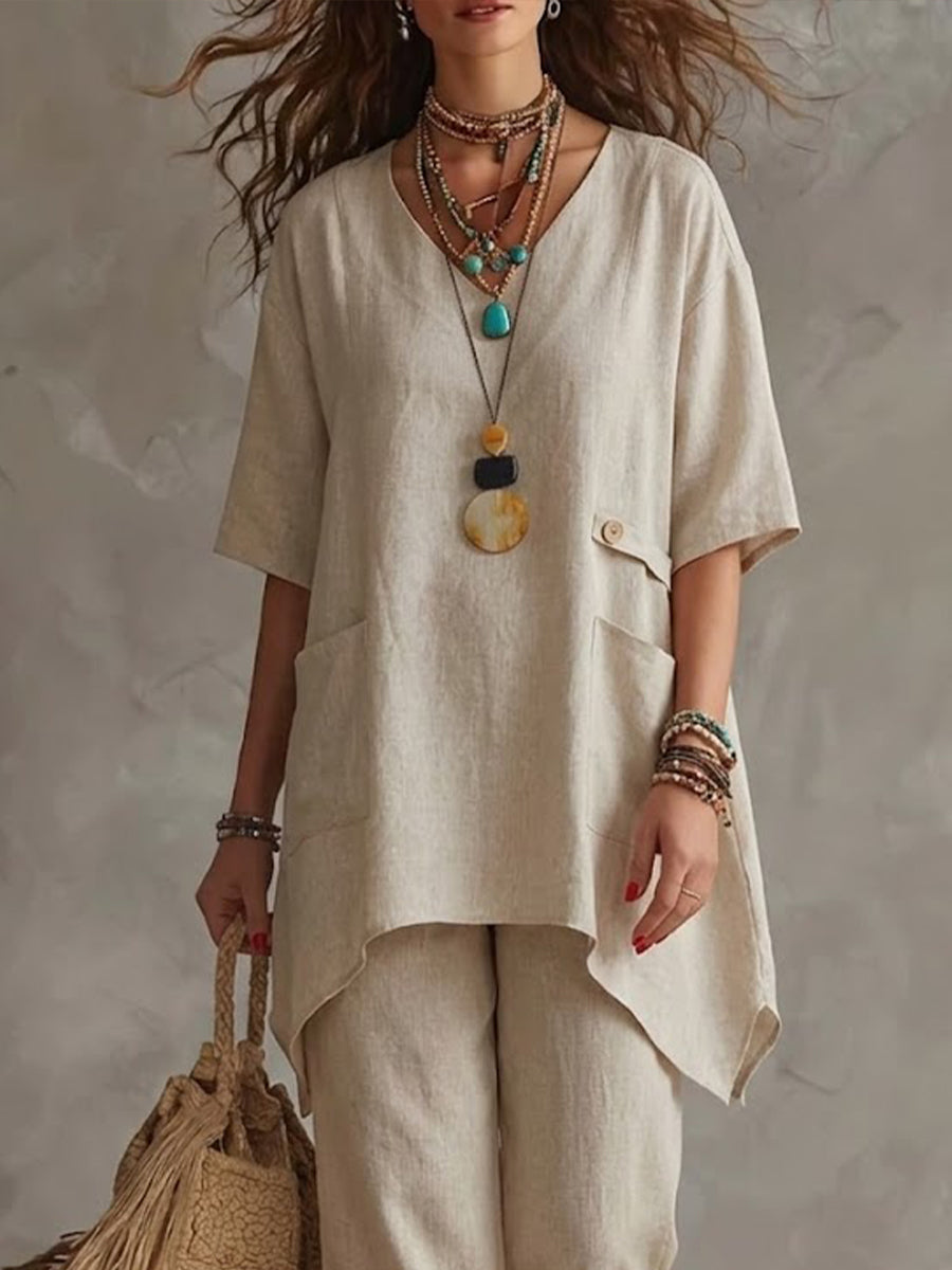 Casual Linen And Cotton Two-piece Top And Pants Set